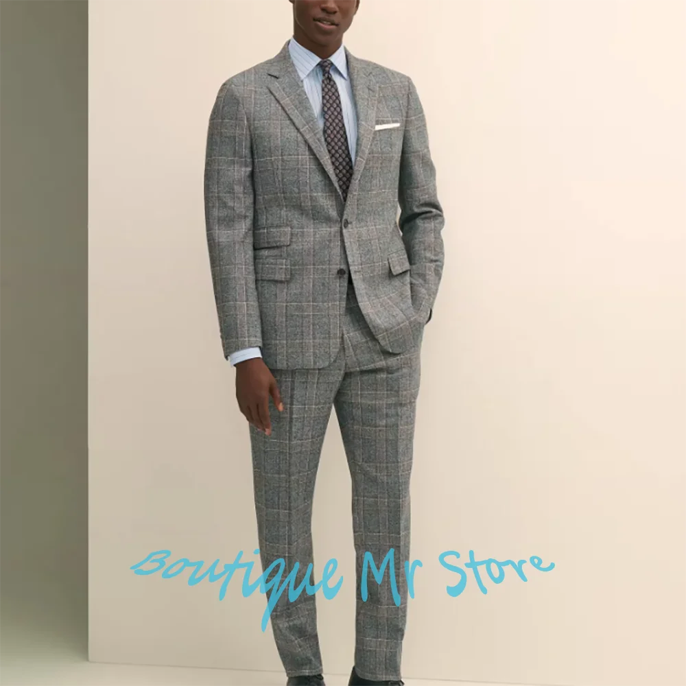 Formal Men's Grey Plaid Suit Classic Checked 2Piece Set Single Breasted Notch Lapel Jacket Elegant Business Wedding Costume