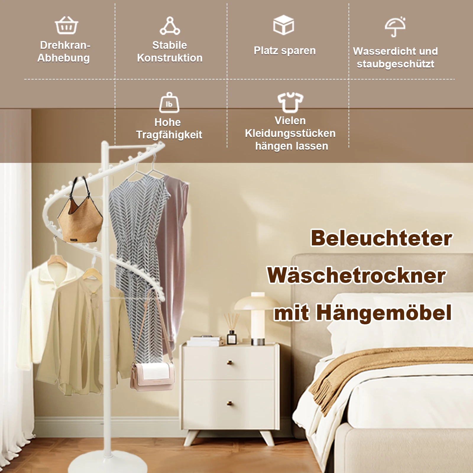 360 ° Stendibiancheria Girevole Moderno a Spirale con Finitura Verniciata a Caldo, Design Multi-Punto di Sospensione per Boutique, Negozi al Dettaglio e Organizzazione Domestica, Base Stabile e