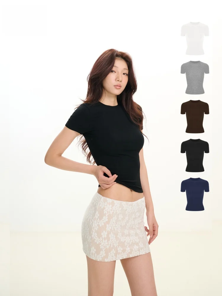 

LEIYU LABS Трикотажная облегающая футболка ort Sve для женщин, лето 2023, новый облегающий топ с высокой талией, круглый, повседневный топ