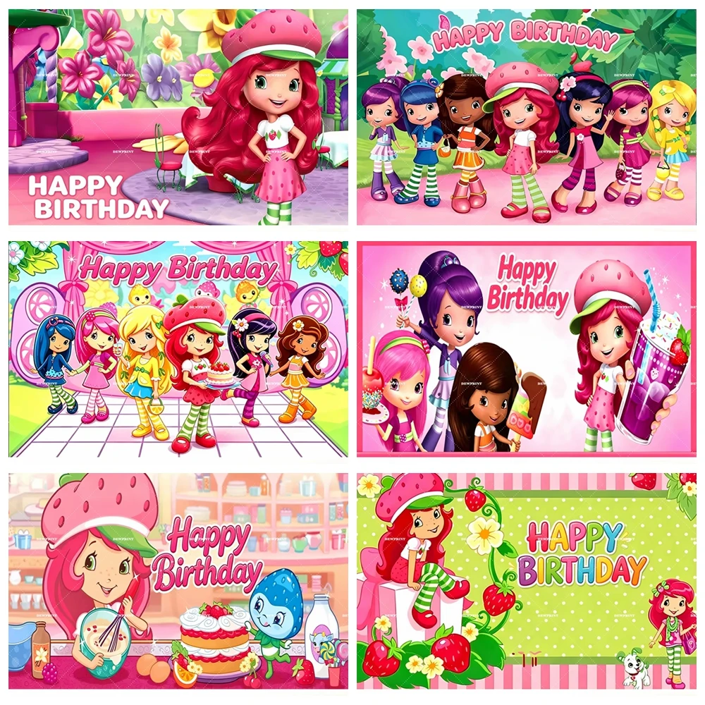 Strawberry Dessert Birthday Party Backdrop Background Pastel Gardens Berries Cream Cartoon Girls Balloon Cake Banner Photo Booth