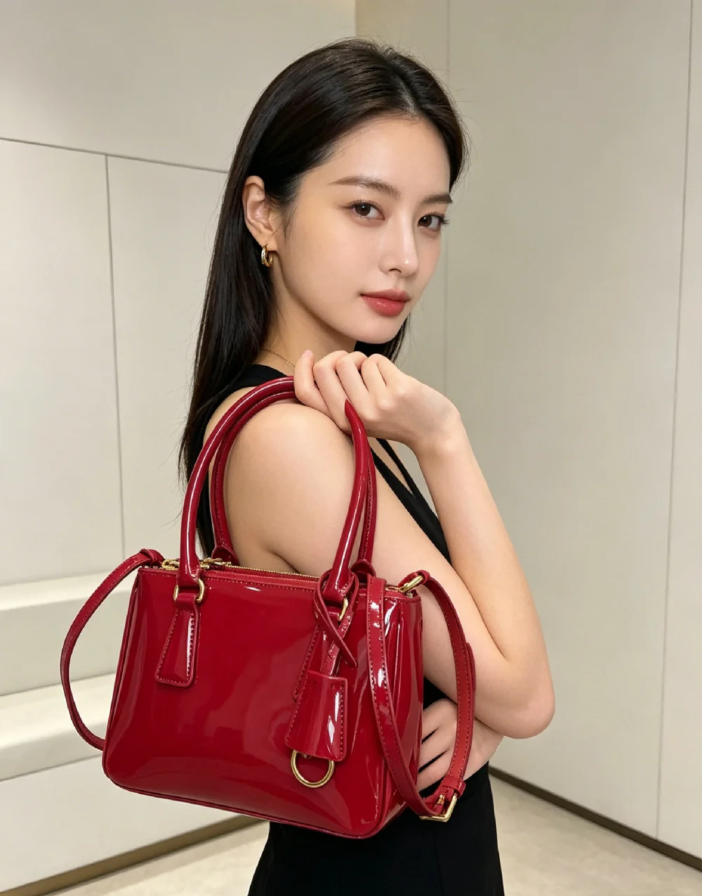 Glamorous Glossy Red Patent Leather Handbag for Women Top Handle Crossbody Purse with Detachable Strap for Party and Dates
