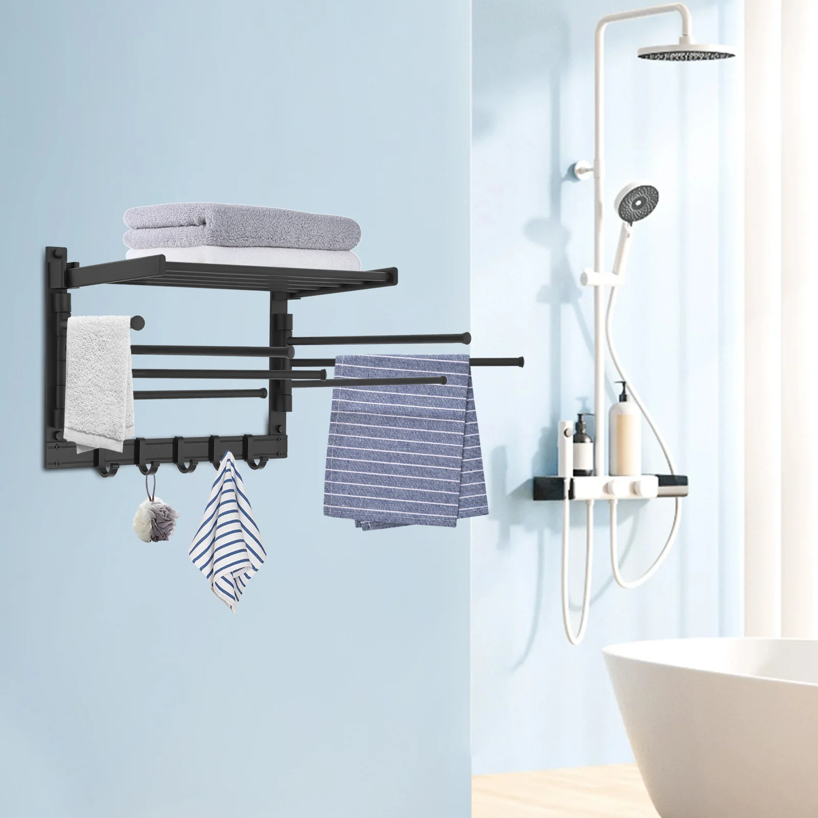 Bath Towel Holder, Towel Rack, Towel Bar 40cm Black Space Aluminum 7 Rods Waterproof Multi-Functional Shelf Organizer For Bathroom