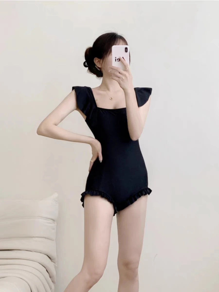 

Women's One-Piece Swimsuit Summer New Sle INS Wind Belly Covering Slim Small Chest Gathered Wooden Ear Flng Sve S...
