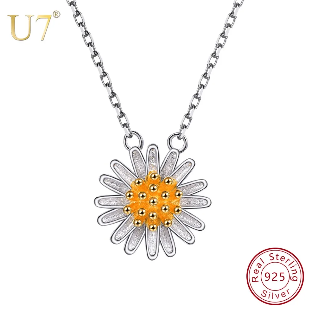 

U7 925 Sterling Silver Two Tone Flowers Daisy Pendant & Chain Valentine's Day Gifts For Women Jewelry Necklace SC42