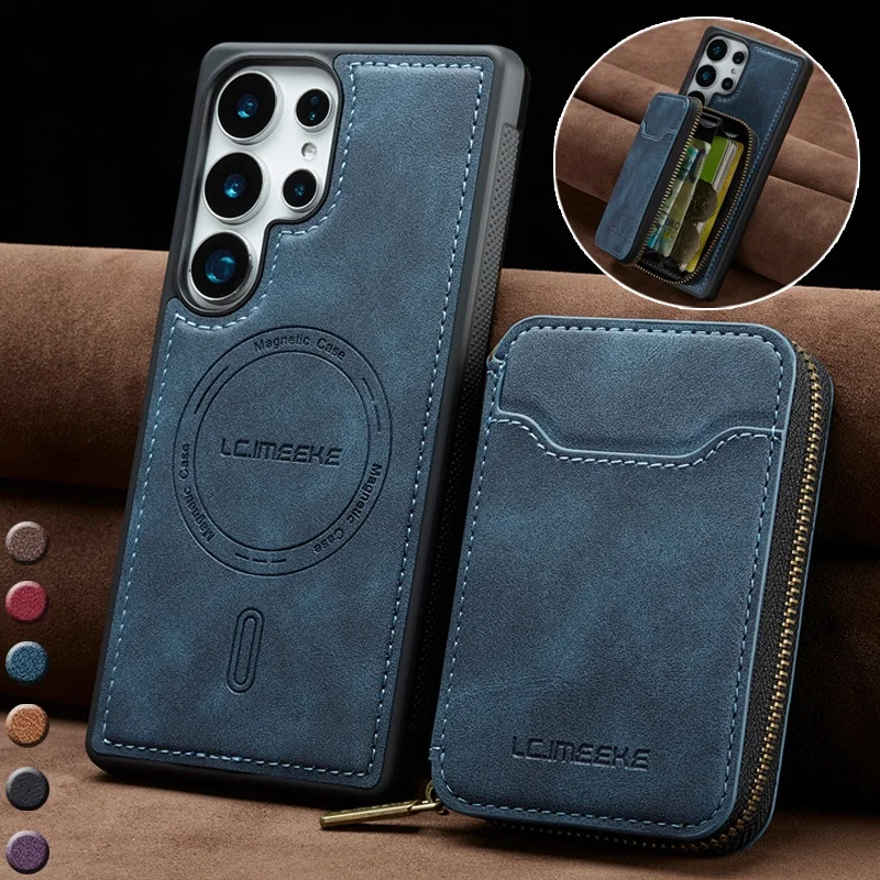 

Plain Leather For Magsafe Wallet Phone Case for Samsung Galaxy S26 Ultra S25 Edge S23 Plus S24 S22 S21 S20 FE Card Slots Cover