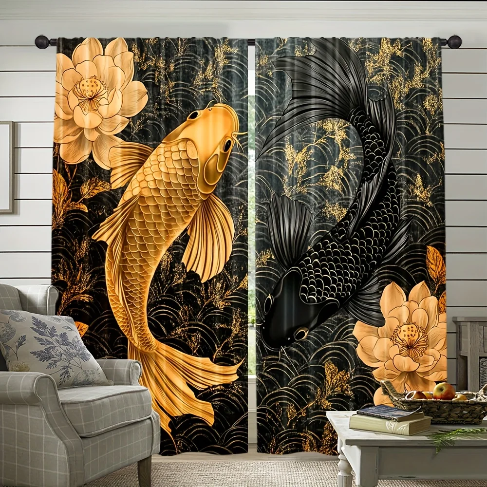 Golden Koi Fish Black Curtains Japanese Style Home Decor Elegant Lotus Pattern Window Drapes Asian Artistic Interior Fashion