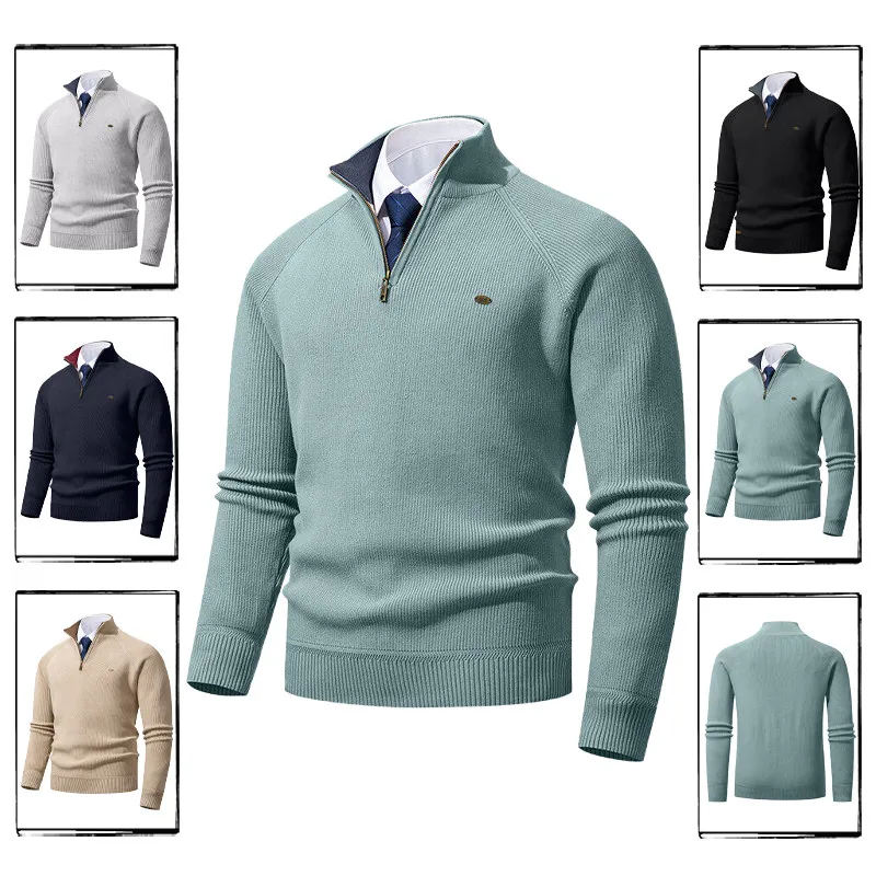 

Мужской утепленный вязаный свитер с вертикальными полосами, на молнии, с воротником-стойкой, теплый, повседневный, из полиэфирного волокна, с длинными рукавами