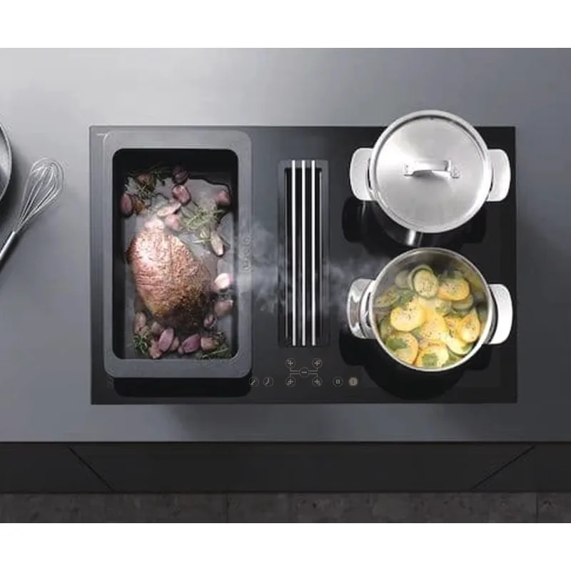 Crystal Glass Polished Black 4 Cooking Zone Induction Hob Cooker With Downdraft extractor