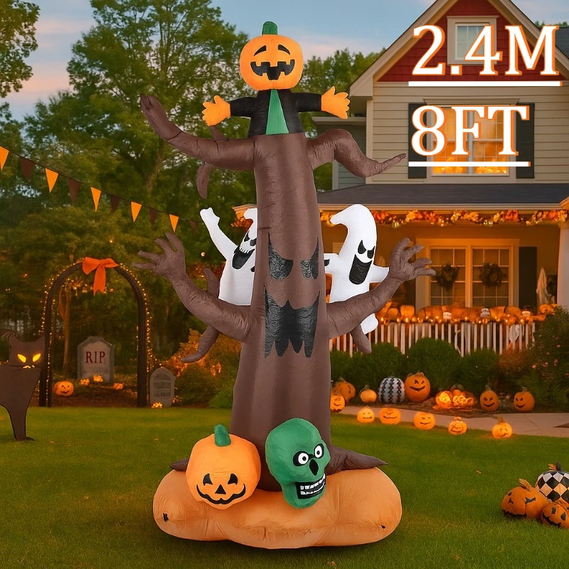

8FT Outdoor Holiday Decorations Inflatable Model Pumpkin Head Tree Halloween Party with LED Lights Decors Garden Yard Lawn Props