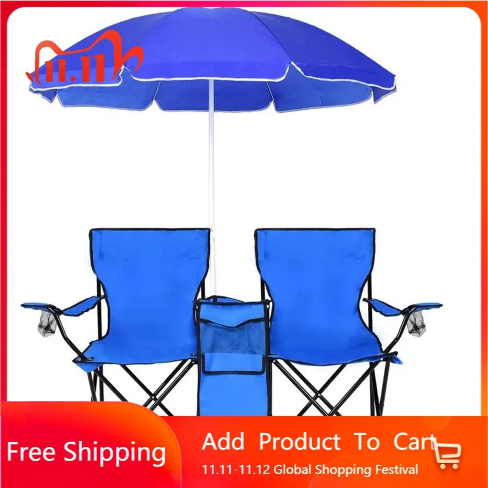 

Double Camping Chair with Umbrella, Folding Loveseat Chairs w/Canopy Shade, Carrying Bag, Table, Cup Holder, Portable Beach Cha