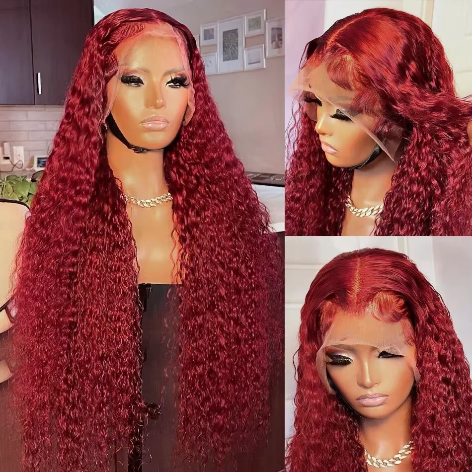 Deep Wave 99J Burgundy 13x4 Human Hair Lace Frontal Wig 13x6 13x5 Curly 30 Inch HD Transparent Lace Front Wig Brazilian Red Wine