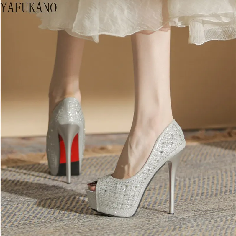 14CM Rhinestone High Heels Stiletto Sexy Platform Peep Toe Single Shoes Elegant Party Prom Shoes Silver Wedding Shoes Size 32 33