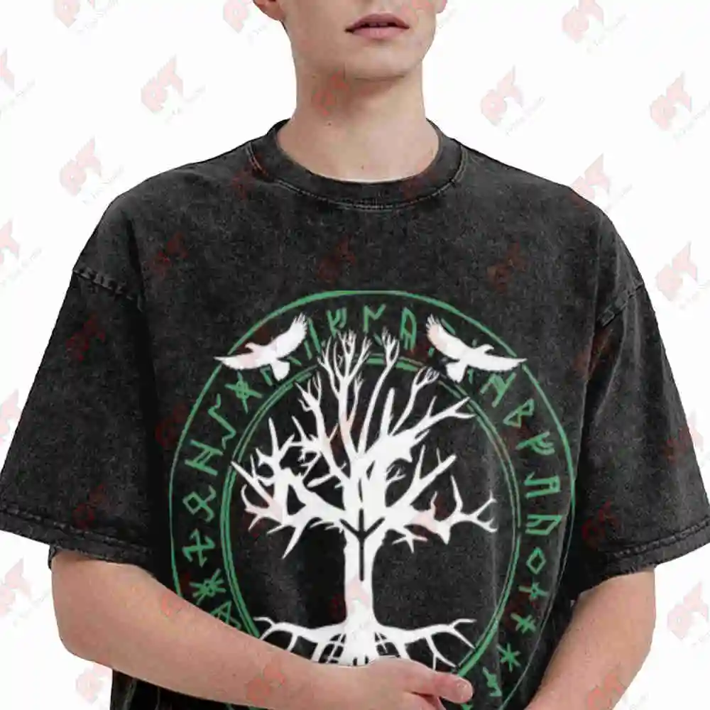 Viking Odin's Ravens World Tree Freestyler Nordic Vintage Washed Tee Pure Cotton T-Shirt