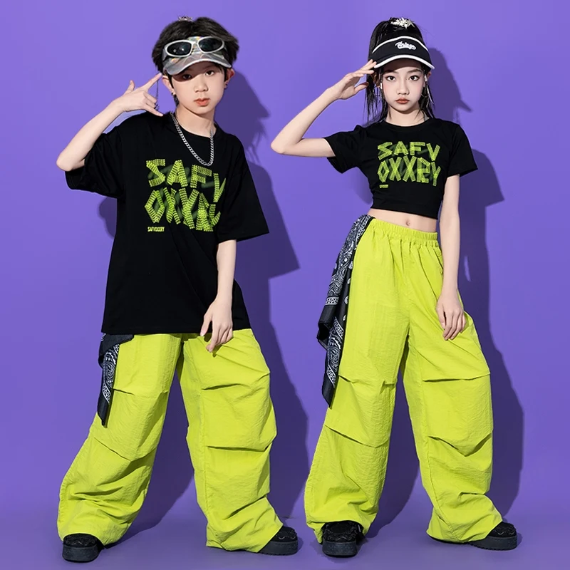 Kinder Team Kleidung Jazz Dance Kleidung Hip Hop Kostüme Kurzarm Top Grün Cargo Hosen Anzug Street Dance Tragen DQL10735