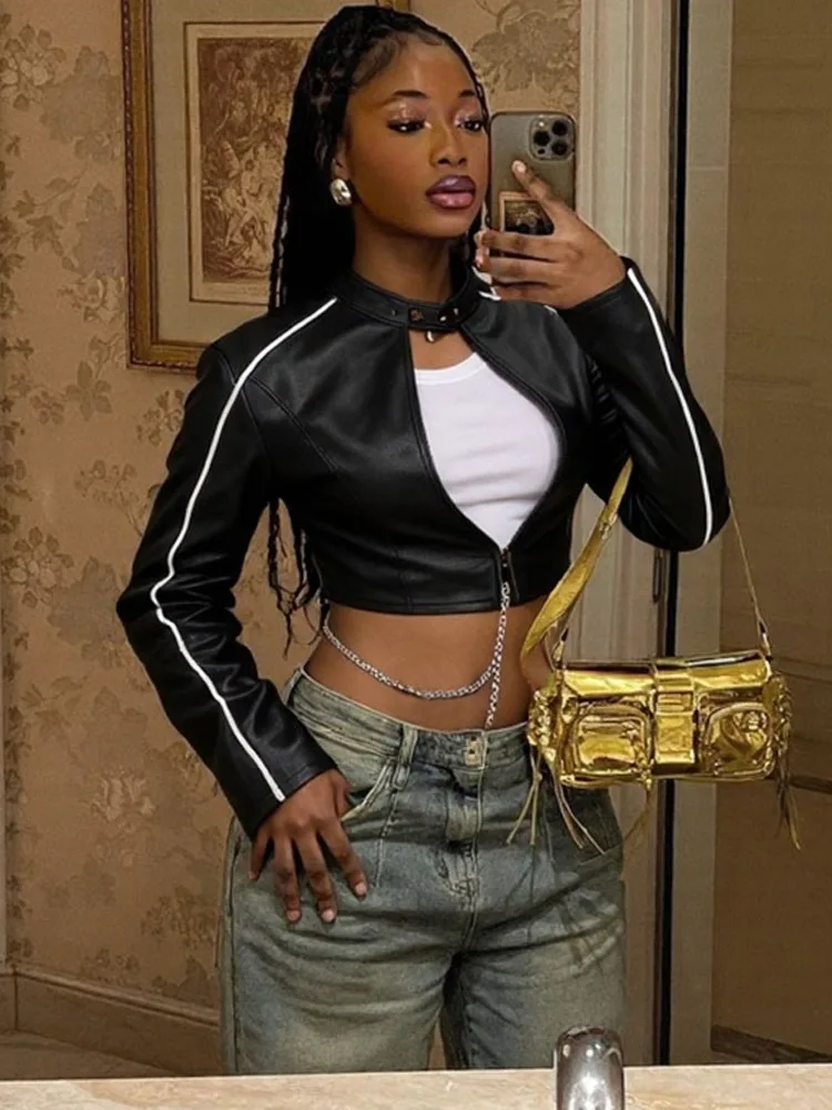 

BKQU Gothic Faux Leather Crop Jacket Women Stripe Patchwork Zip Button Stand Collar PU Wild Sexy High Street Midnight Club Coats