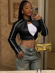 BKQU Gothic Faux Leather Crop Jacket Women Stripe Patchwork Zip Button Stand Collar PU Wild Sexy High Street Midnight Club Coats