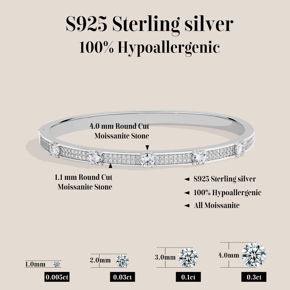 ATTAGEM Full Diamond Narrow Bangle Luxury Moissanite Bracelet for Women Men Classic 925 Silver Engagement Wedding Daily Jewelry