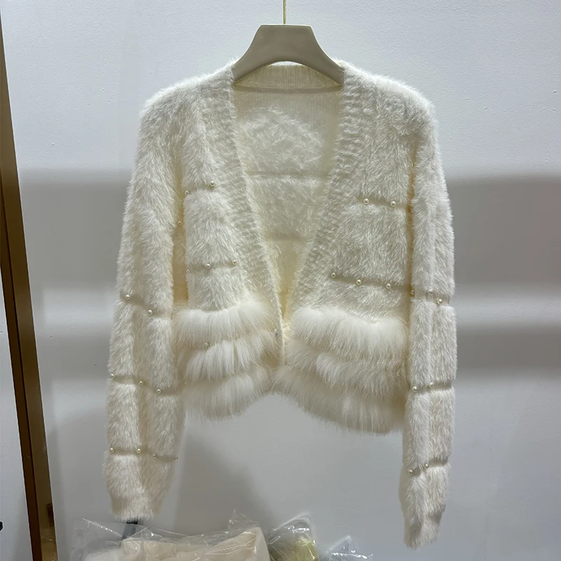 2025 Cappotto a maniche lunghe lavorato a maglia maglione autunnale da ragazza con decorazione esterna in pelliccia di volpe naturale rosa da donna