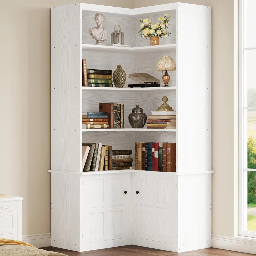 

Corner Bookshelf with Doors, 6 Tier Bookcase with Storage, Corner Shelf with Cabinet, Large Tall Bookshelf ,White