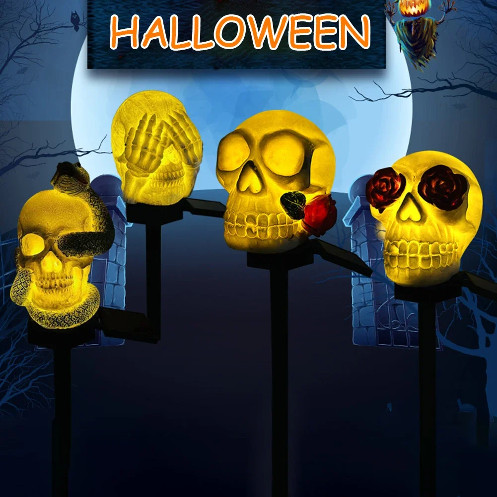 

Halloween Skull Head Decor Lawn Lamp Outdoor Garden Yard Solar Powered Pathway Atmosphere Light String Lantern Holiday Party