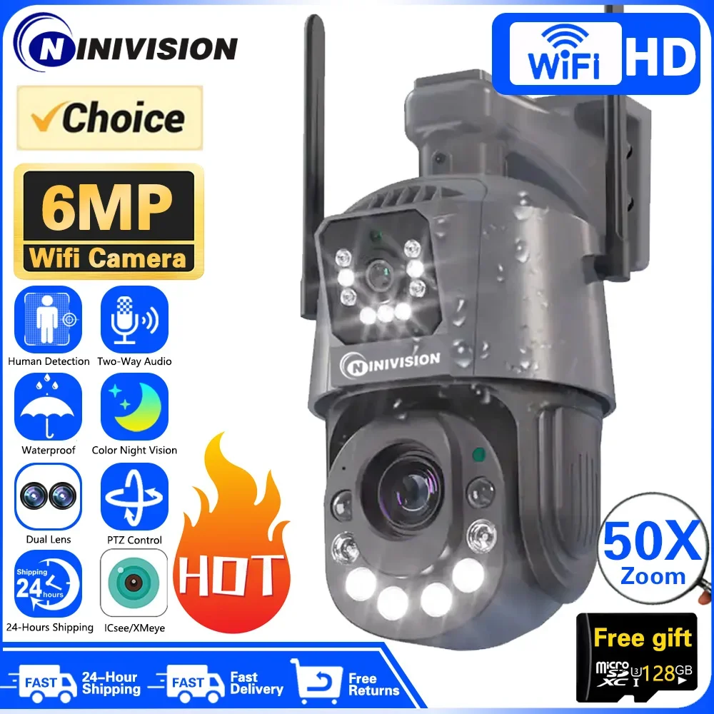 

6MP Wifi Camera Dual Lens PTZ 50X Zoom Two-way Audio Color Night Vision Outdoor Waterproof CCTV Surveillance Wireless IP Camera