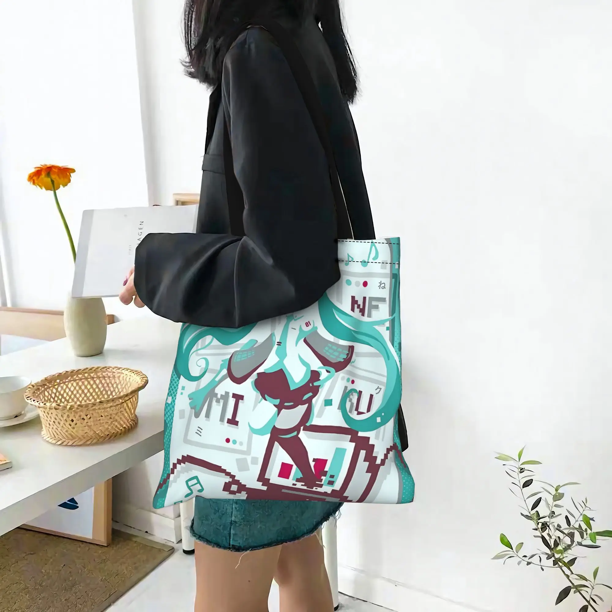 Customized Hatsune Miku Cartoon Singer Women's Bag Shopping Bag Reusable Double Sided Canvas Tote Bag Shoulder  Handbag