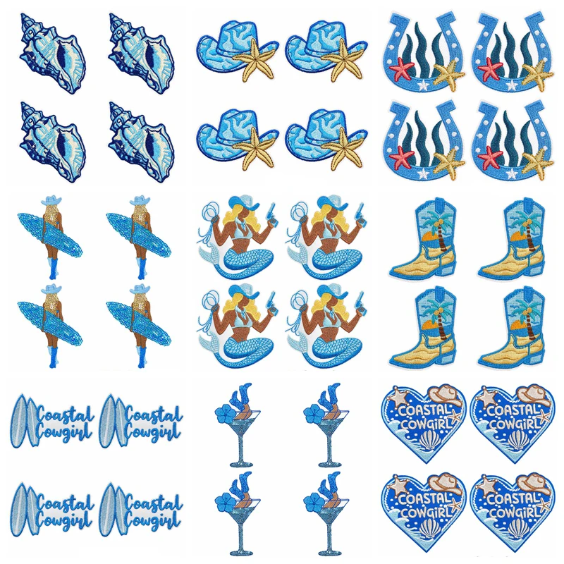 10 PCS/Set Coastal Cowgirl Embroidered Patches,Cute Blue Beach&Western Iron On Patches for Clothing,Jackets,Summer Decorations
