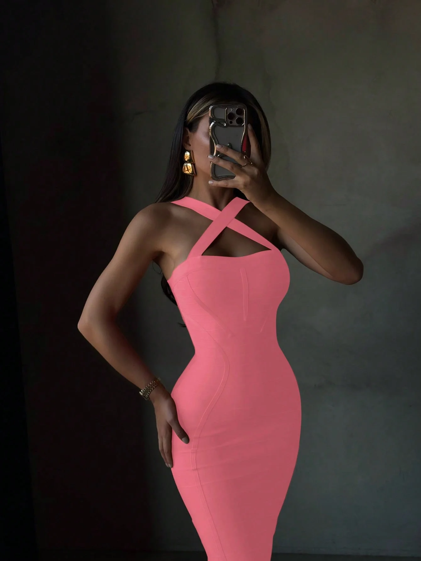Sexy Neckholder-Kleid in Rosa, geripptes Midi-Bodycon-Kleid für Damen, Bandage-Kleid, elegantes Abendkleid für Cocktailpartys, Sommerkleidung.