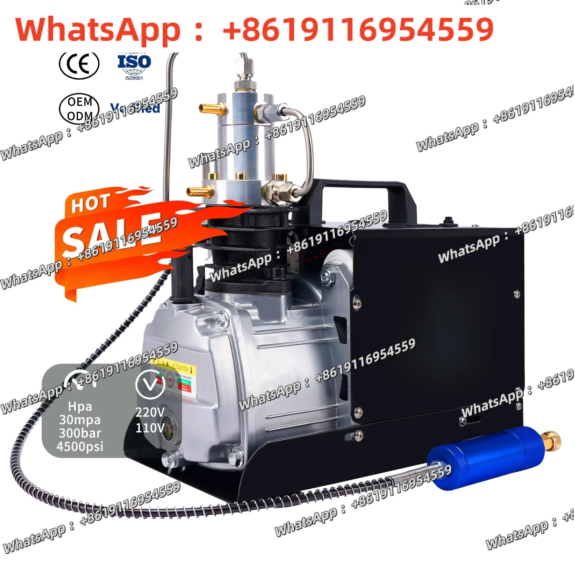 Ручная остановка 4500 фунтов на квадратный дюйм, 300 бар, воздушный компрессор высокого давления 220 В, 110 В, 1,8 кВт