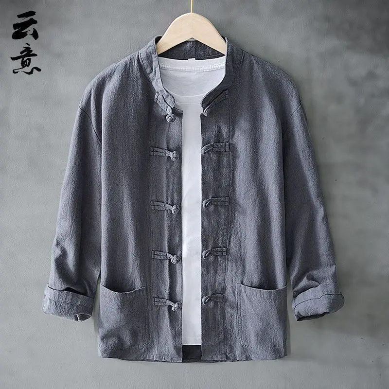 Loose Casual Cotton Linen Jacket Men's Shirt Vintage Style Button up Chinese Style Coat Four Seasons Universal Long Sleeve