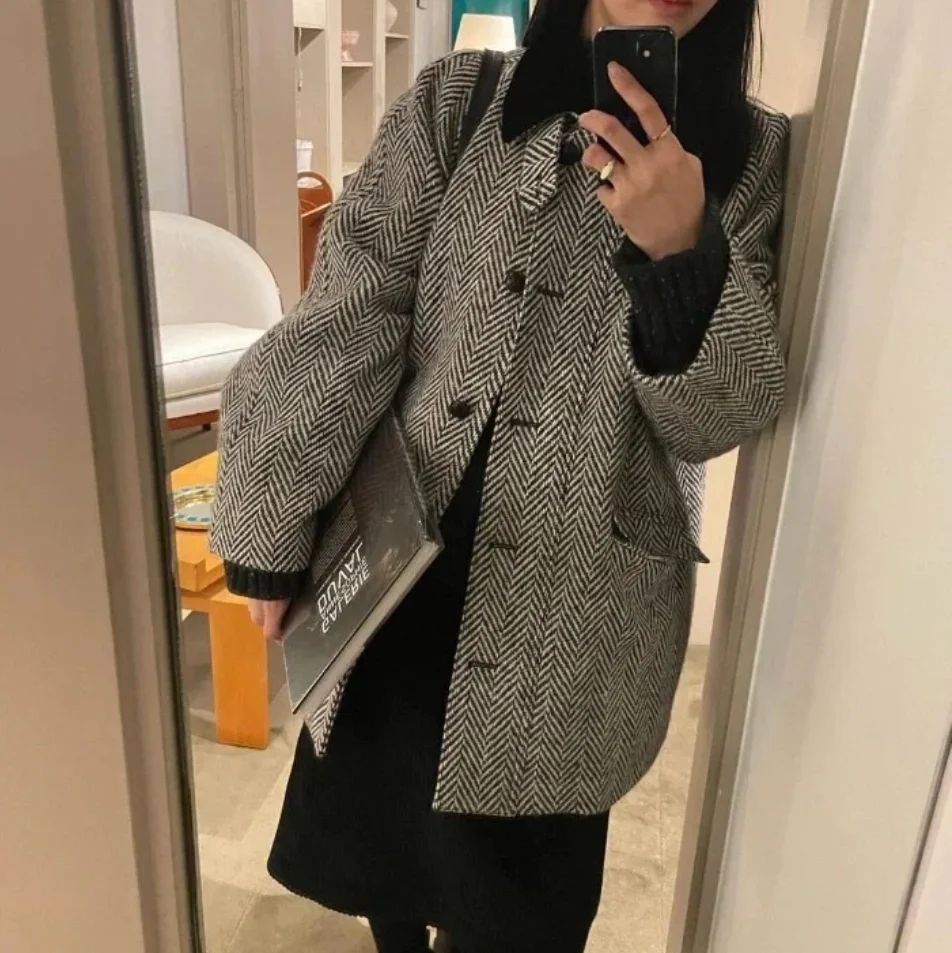 معطف صوفي من Thiened مع ياقة مدببة ونمط تويد من القطن للنساء للتنقل طويل Sve #5