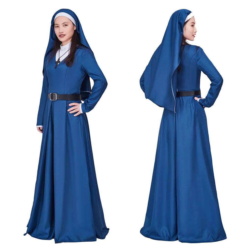 Mrs. Davis Simone Cosplay Costume Blue Belted Headgear Nun Costume Full Set With Cross Necklace Halloween Costume