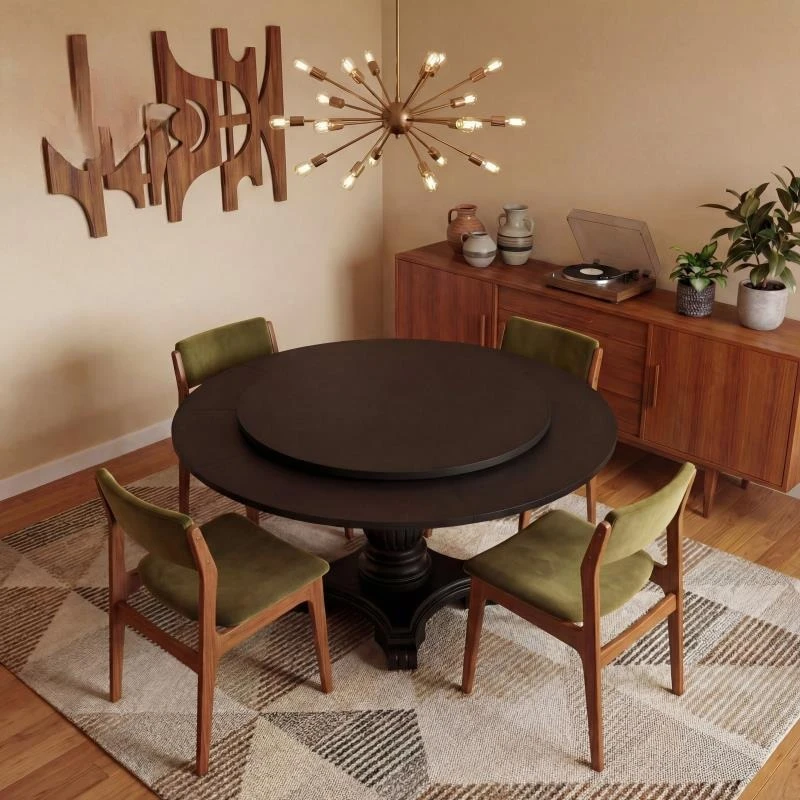 Medieval style, deformed dining table, rotating and retractable, solid wood round, foldable