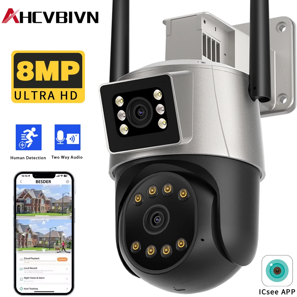 

iCSee 8X Zoom PTZ WiFi Camera 8MP Dual Lens Dual Screen Automatic Tracking Outdoor Wireless Security IP Camera CCTV Surveillance