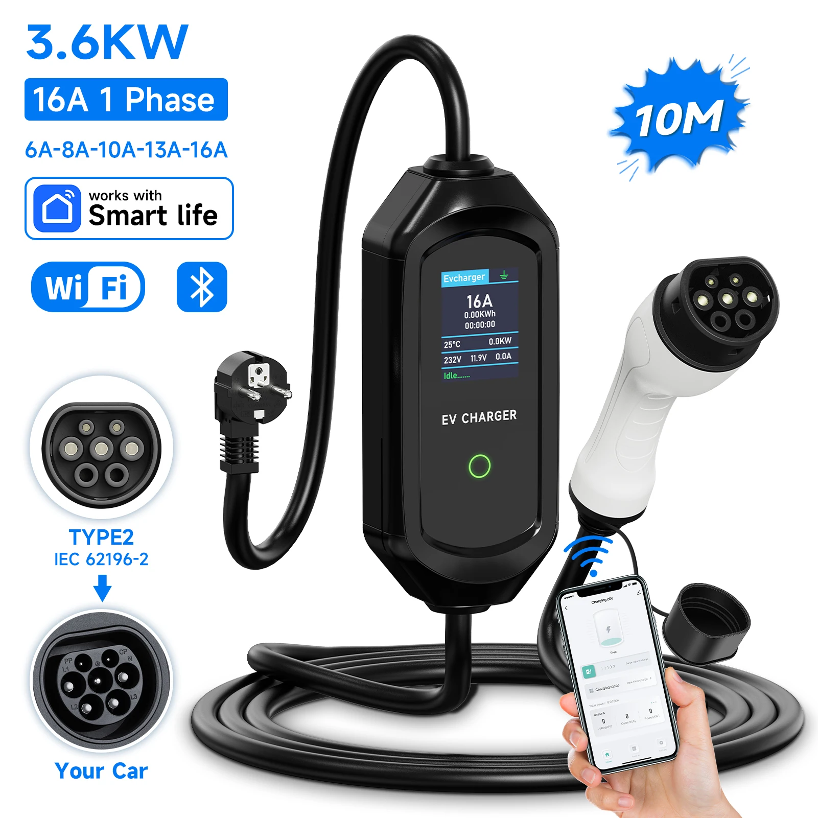 AFYEEV 3600W Portable Type2 IEC62196-2 EV Charger Type1 SAE J1772 Electric Car Charger GBT EVSE Charging Cable Wallbox EU Plug