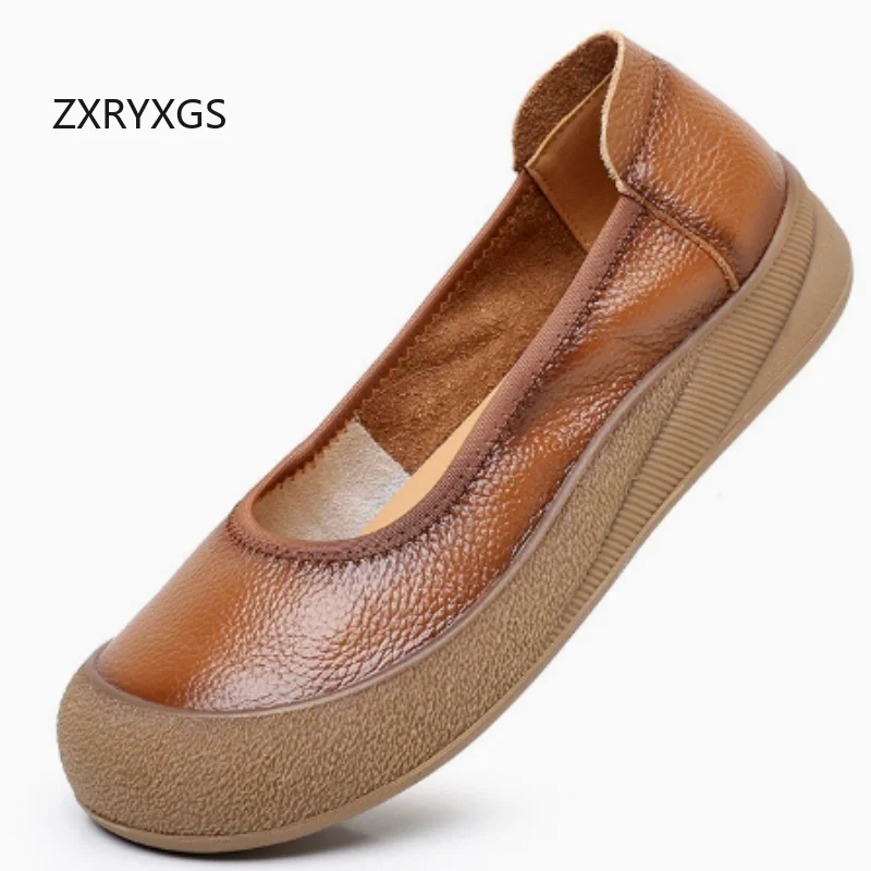 ZXRYXGS 2026 New Round Toe Comfortable Genuine Leather Sneakers Casual Shoes Flat Heel Thick Sole Women's Sneakers Trendy Shoes