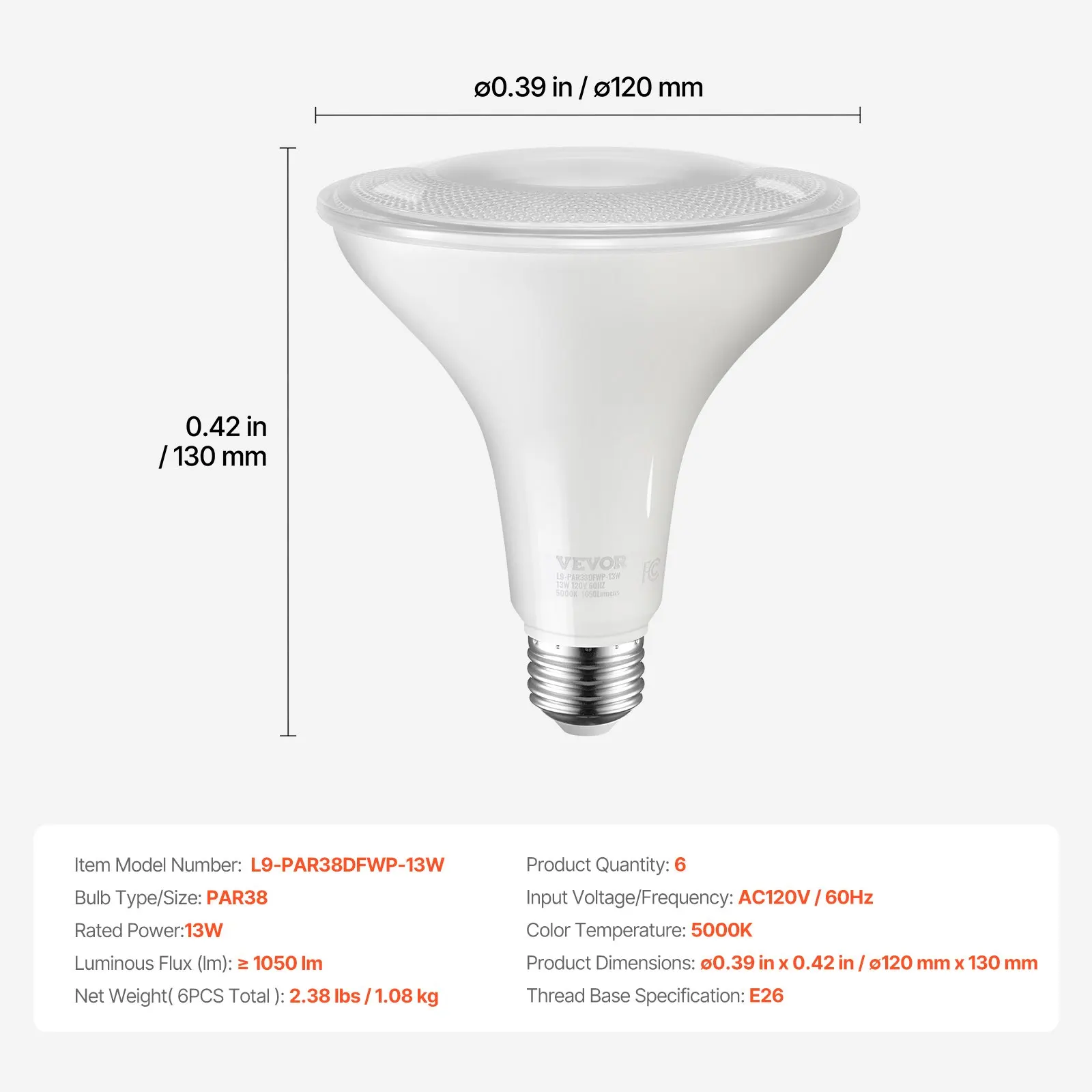 PAR38 Outdoor Flood Light Bulb 6 Pack 1050 Lumens LED Bulbs 5000K Dimmable