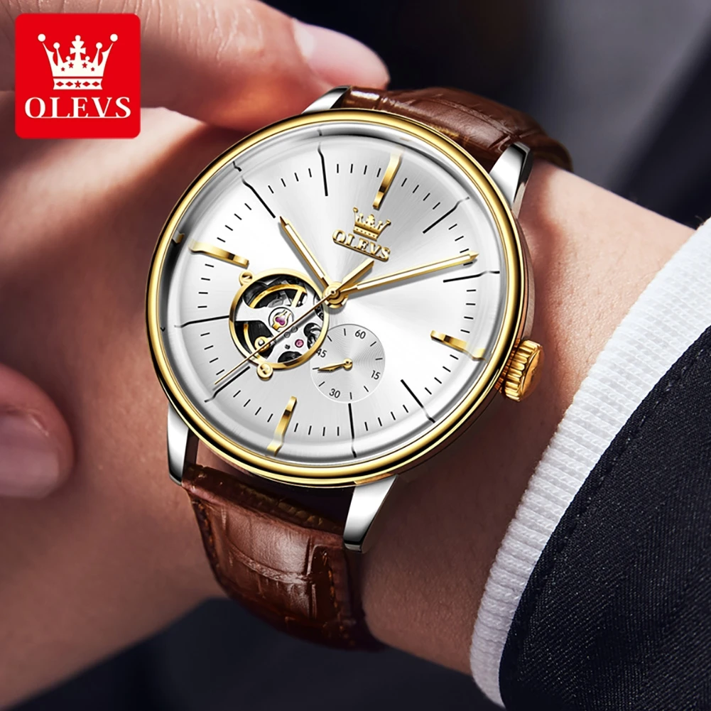 OLEVS 6708 ساعة ميكانيكية للرجال موضة الزجاج المقوس التلقائي ساعات رجالية جوفاء بسيطة فاخرة العلامة التجارية الأصلية ساعة رجل