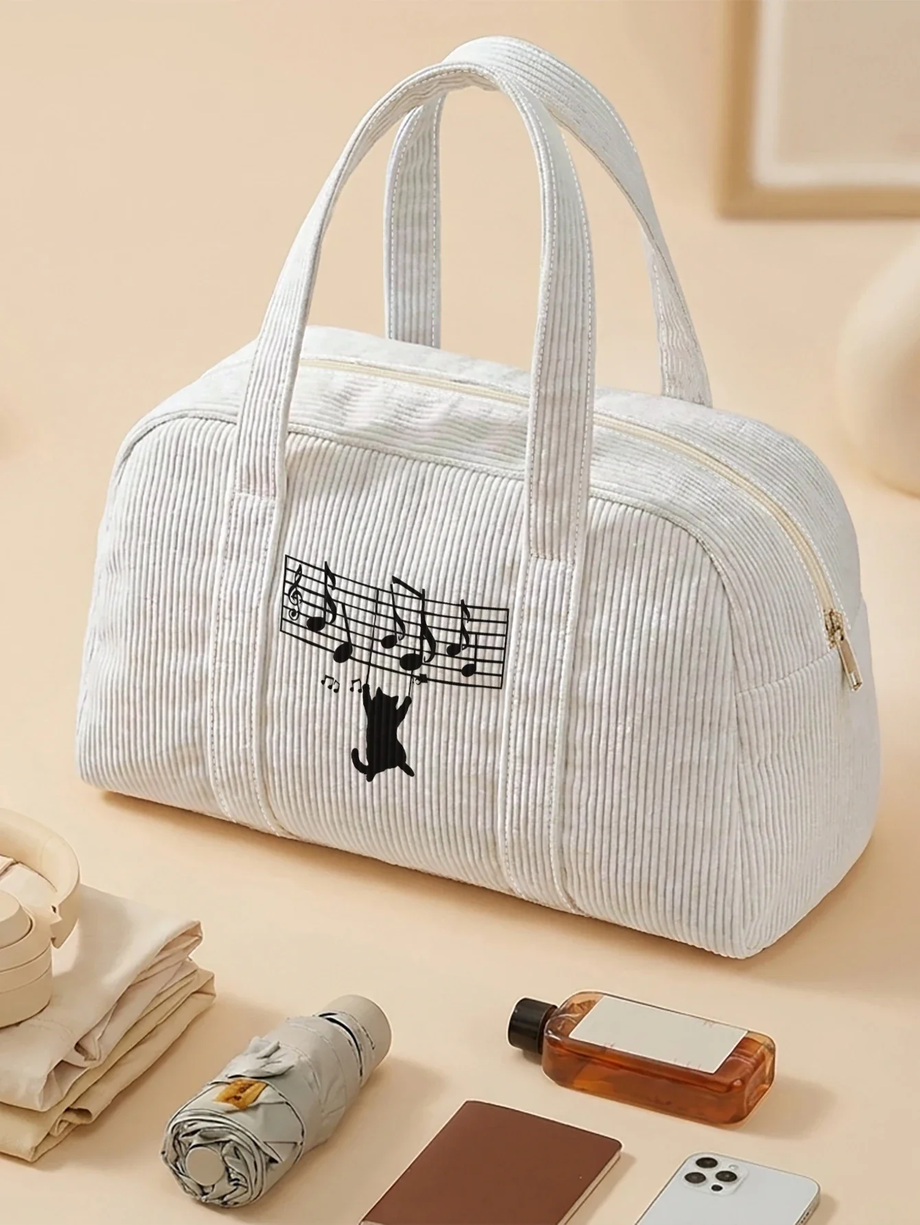 Cat Music Note Print Handbag Large Capacity Corduroy Tote Bag For Travel Shopping Daily Use