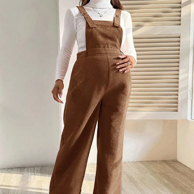 Maternity Overalls Corduroy Solid Adjustable Strap Wide-leg Jumpsuit Spring Autumn Casual Pregnancy Clothing
