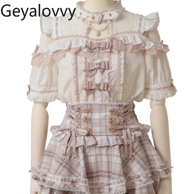 

Японская Лолита, милая рубашка с открытыми плечами и бантом для девочек, новая летняя универсальная блузка с короткими рукавами, кружевные топы с воротником-стойкой