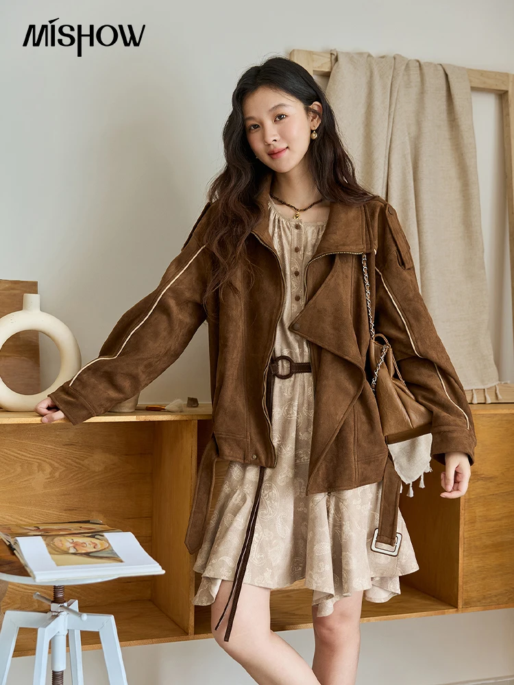 

MISHOW Woman Retro Jacket 2025 New Split Turn Down Collar Brown Suede Short Loose Coat Commute Autumn Women Clothing MXE48W0850