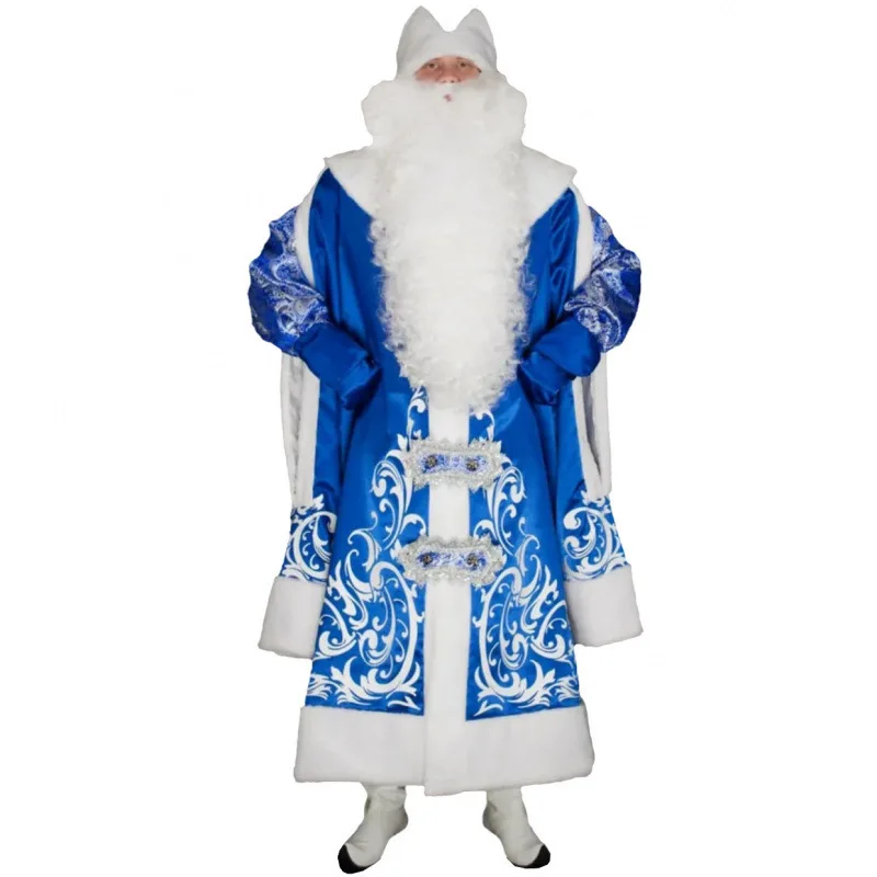 Cosplay Costume Men Russian Father Blue Santa Outfit Dress Christmas Holiday Party Uniform With Beard Hat Дед Мороз Снегурочка view 2