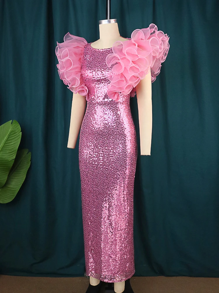 AOMEI Women Pink Sparkly Sequin Long Dresses Party Birthday Wedding Guest Ruffle Sleeve Bodycon Elegant Club Night Robe 3XL 4XL