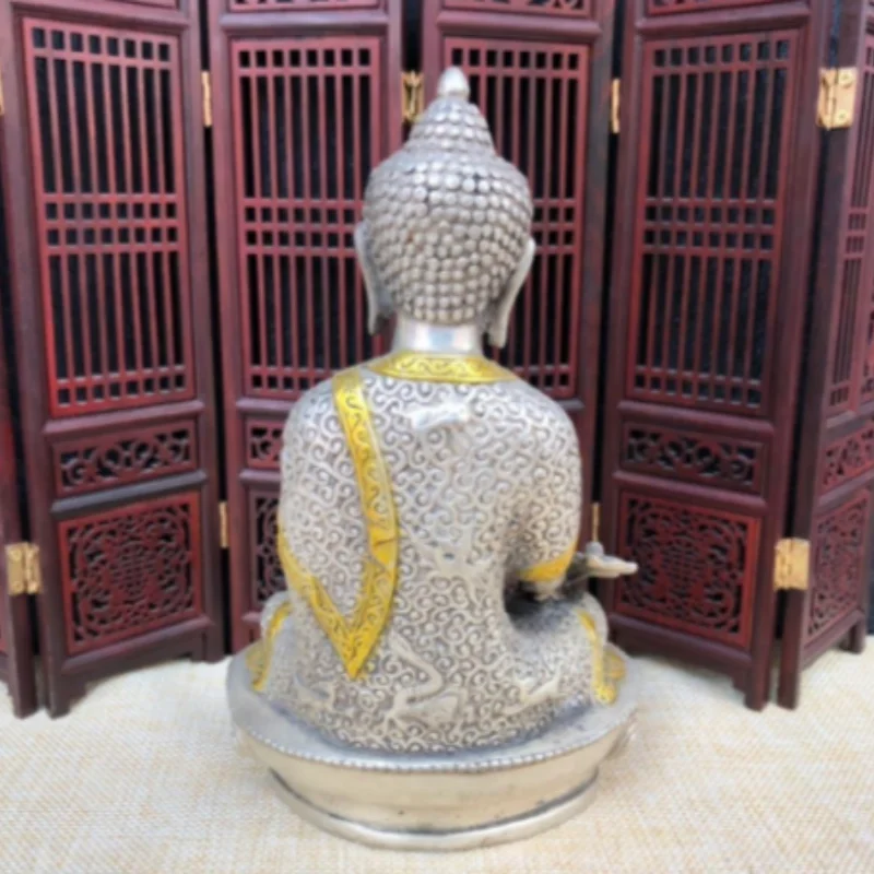 Antique Gilded White Copper Medicine Buddha Bhaisajyaguru Statue - Healing Buddha Seated Figurine Home Altar Desktop Display