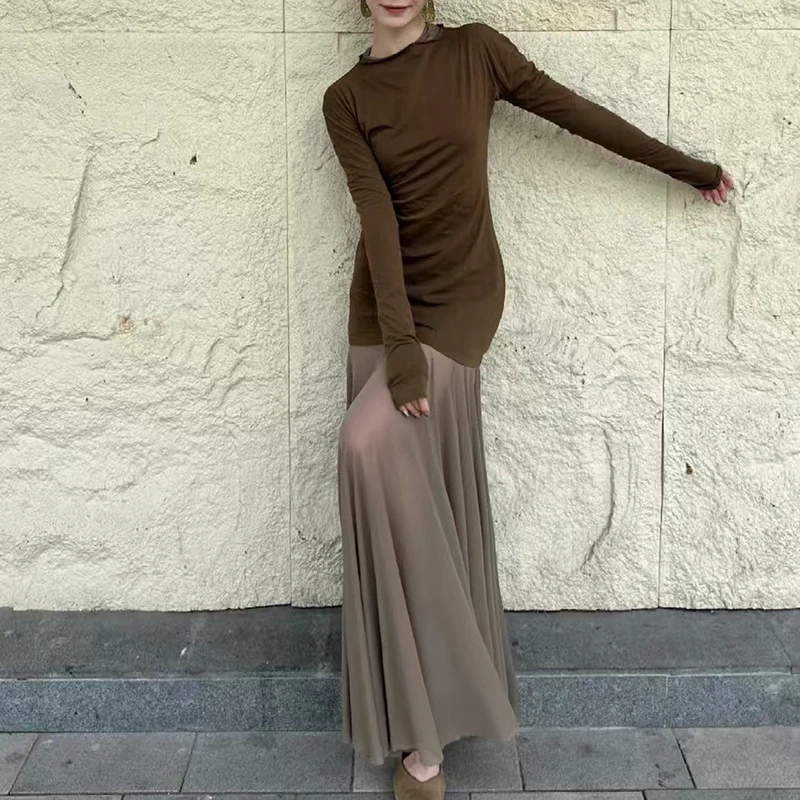 レディース フェイクツーピース オーバーレイ ワンピース プリーツ メッシュ ロングドレス Tシャツ + アシンメトリー ロングスカート 高品質 夏 新作 2025