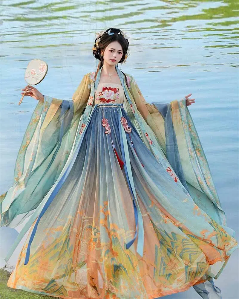 Vestido Hanfu chino para mujer, traje de fiesta de Cosplay de Hada, traje impreso de Verano de la dinastía Tang tradicional antigua