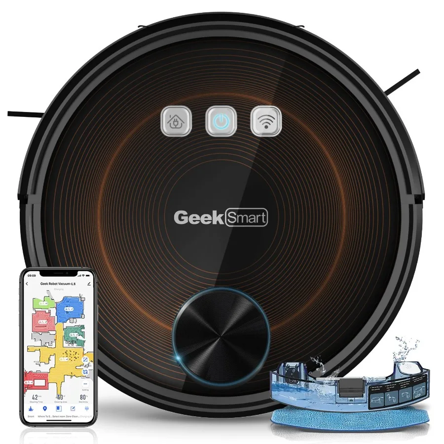 

Робот-пылесос и полотер Geek Smart L8 с LDS-навигацией, Wi-Fi и управлением через приложение, выборочная уборка помещений, максимальная мощность всасывания 2700 Па