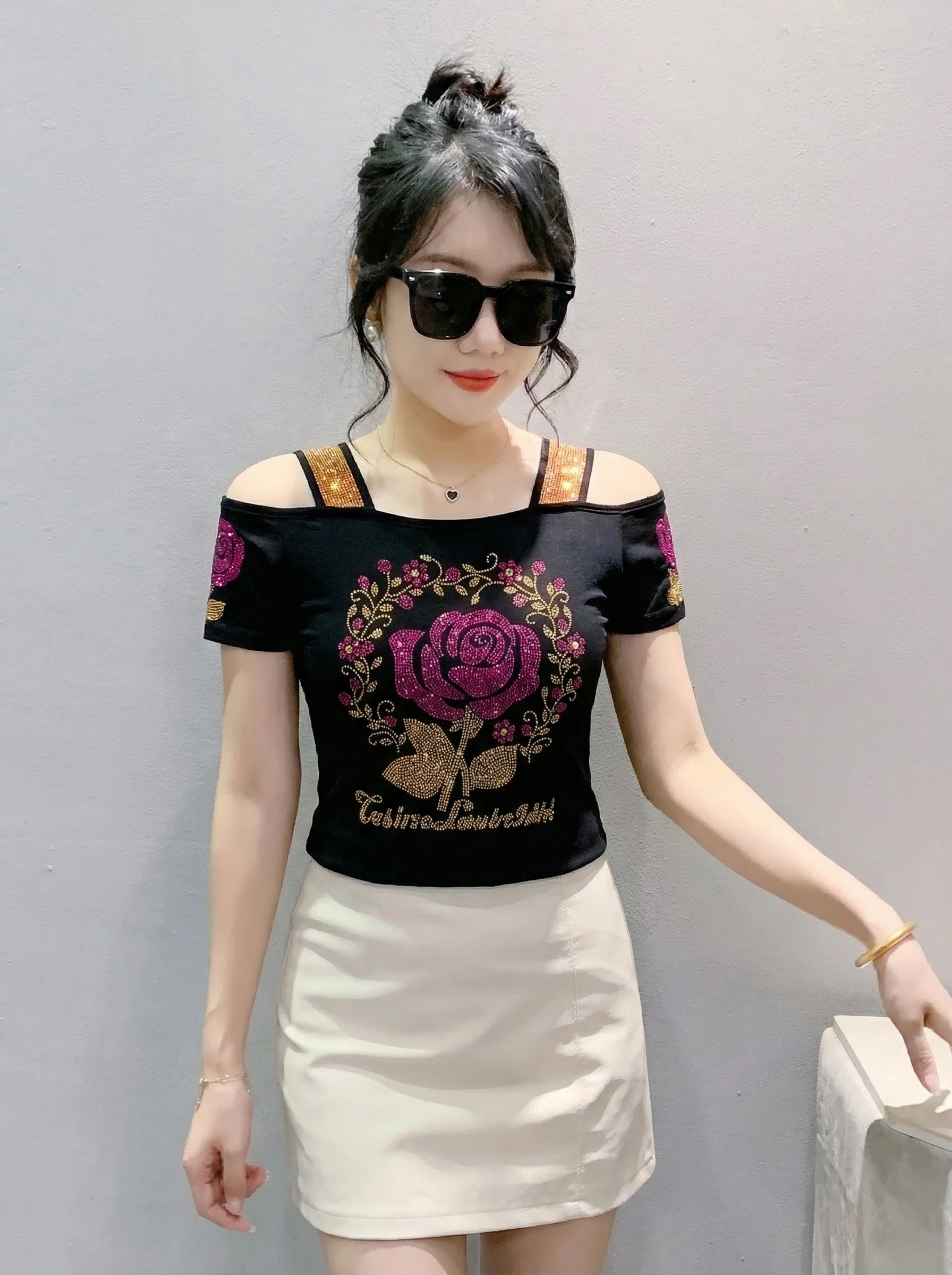 New Designer Hot Diamond Mesh T-Shirt Women Korean Style Sexy Off Shoulder Slim Tee Summer Casual Streetwear Tops