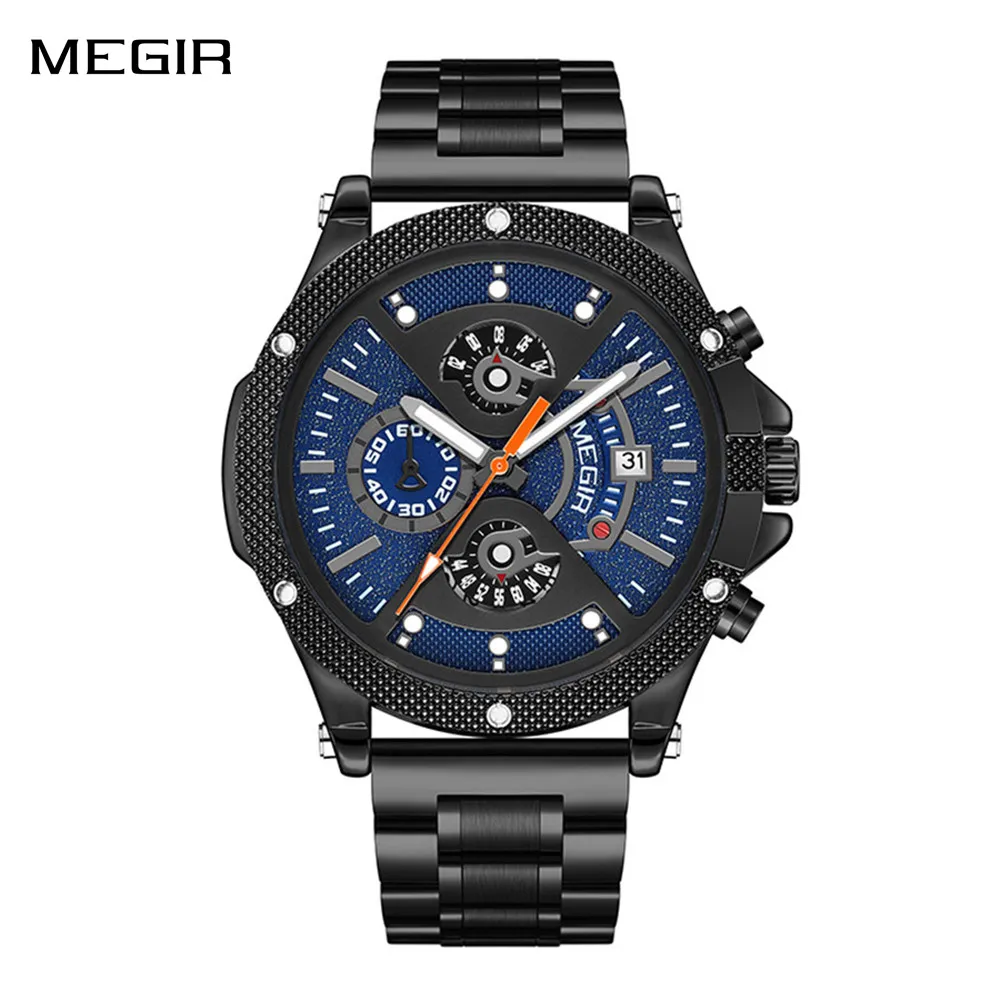 

MEGIR браслет из нержавеющей стали мужские часы хронограф модный дизайн кварцевые наручные часы водостойкий календарь Montre Homme